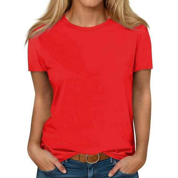 Scyoekwg Women Short Sleeve Shirts Tops Round Neck Basic Tops Lightweight Loose Trendy Solid Color Blouses (Red,L)