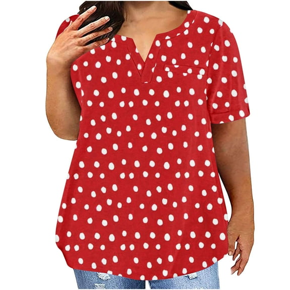 Scyoekwg Women Short Sleeve Shirts Tops V Neck Plus Size Tunic Tshirt Lightweight Dressy Casual Blouses Trendy Polka Dots Print Loose Shirts Blouses (Red,L)