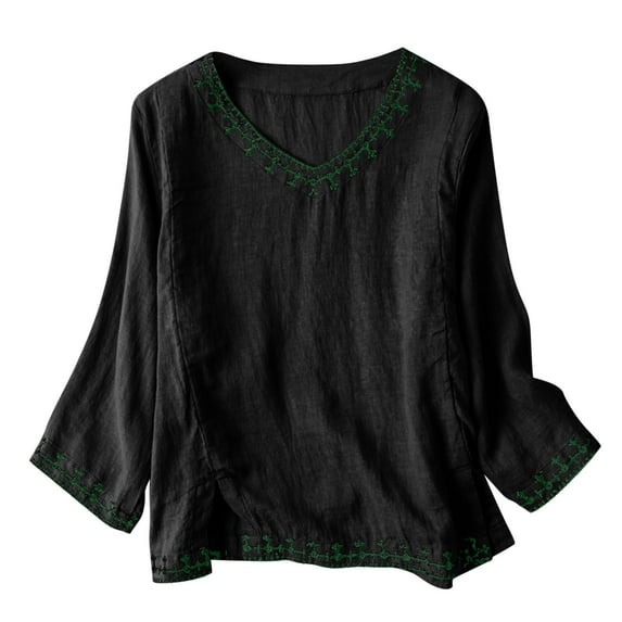Scyoekwg Women Short Sleeve Shirts Tops V Neck Three-quarter Sleeve Tshirt Loose Shirts Dressy Casual Blouses Trendy Lightweight Solid Color Blouses (Black,XXL)