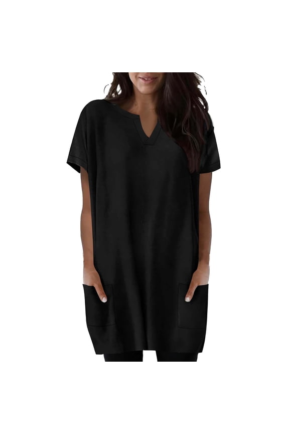 Women Short Sleeve Tops Top Summer V-Neck Dressy Casual Loose Fit Comfy Tunic Tops with Pocket Trendy Clothes Solid Color Top Black ,S