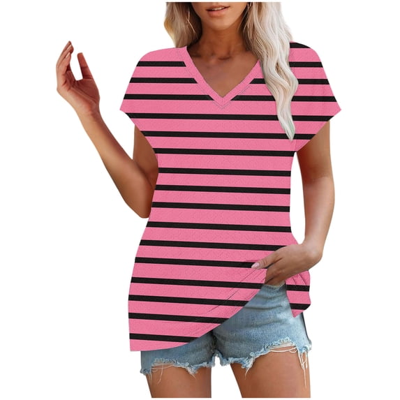 Scyoekwg Women Summer Casual Short Sleeve T-Shirts Trendy V Neck Striped Shirt Loose Fit Tunic Blouses (Hot Pink,XL)