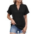 thumbnail image 1 of Scyoekwg Women Summer Shirts Short Sleeve V Neck Eyelet Tops Dressy Casual Loose Blouses Solid Color Trendy Clothes (Black,XL), 1 of 8