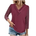 thumbnail image 1 of Scyoekwg Women Tops Dressy Casual Fall Shirts Loose Comfy Clothes for Women Pullover Tops V-Neck Button Basic Tops Solid Color Long Sleeve Trendy Womens Clothes(Wine,L), 1 of 6