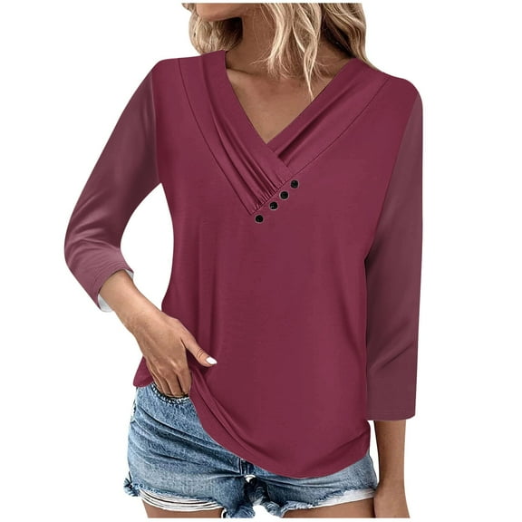 Scyoekwg Women Tops Dressy Casual Fall Shirts Loose Comfy Clothes for Women Pullover Tops V-Neck Button Basic Tops Solid Color Long Sleeve Trendy Womens Clothes(Wine,XXL)