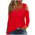 thumbnail image 1 of Scyoekwg Women Tops Dressy Casual Fall Shirts Loose Pullover Tops Trendy Comfy Clothes for Women Solid Color V-Neck Off Shoulder Tops Long Sleeve Womens Clothes(Red,M), 1 of 5
