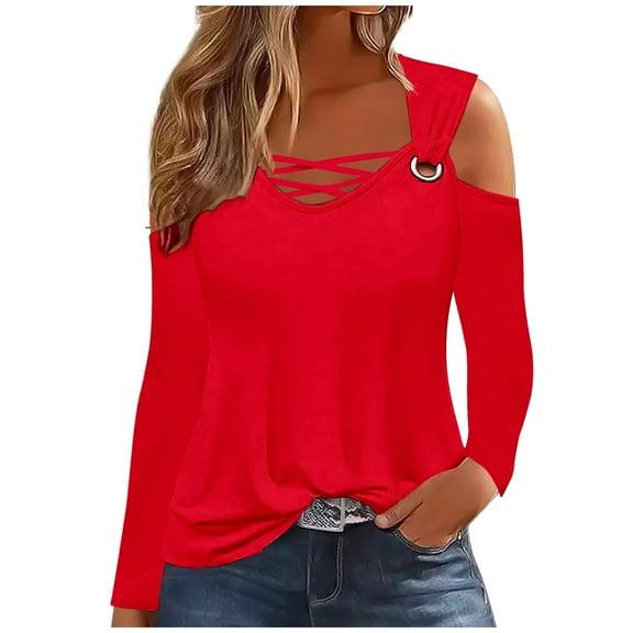 Scyoekwg Women Tops Dressy Casual Fall Shirts Loose Pullover Tops Trendy Comfy Clothes for Women Solid Color V-Neck Off Shoulder Tops Long Sleeve Womens Clothes(Red,M)