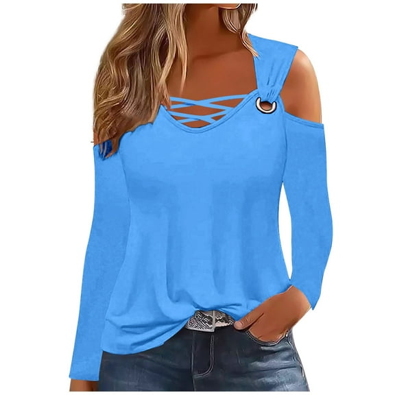 Scyoekwg Women Tops Dressy Casual Fall Shirts Loose Pullover Tops Trendy Comfy Clothes for Women Solid Color V-Neck Off Shoulder Tops Long Sleeve Womens Clothes(Blue,S)