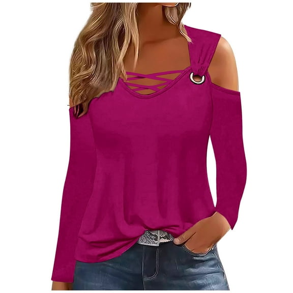 Scyoekwg Women Tops Dressy Casual Fall Shirts Loose Pullover Tops Trendy Comfy Clothes for Women Solid Color V-Neck Off Shoulder Tops Long Sleeve Womens Clothes(Purple,XL)