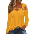 thumbnail image 1 of Scyoekwg Women Tops Dressy Casual Fall Shirts Loose Pullover Tops Trendy Comfy Clothes for Women Solid Color V-Neck Off Shoulder Tops Long Sleeve Womens Clothes(Yellow,XL), 1 of 5