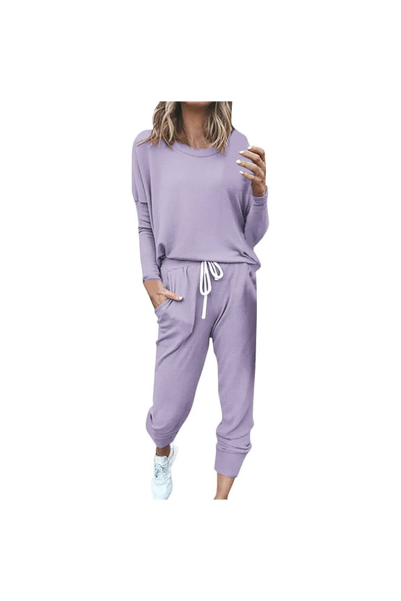 Women Tracksuits 2 Piece Set Crewneck Long Sleeve Tops Elastic Waist Jogger Pants Sports Outfits Fall Outfits Solid Color Casual Fashion Loose Tracksuit Set (Purple,S)