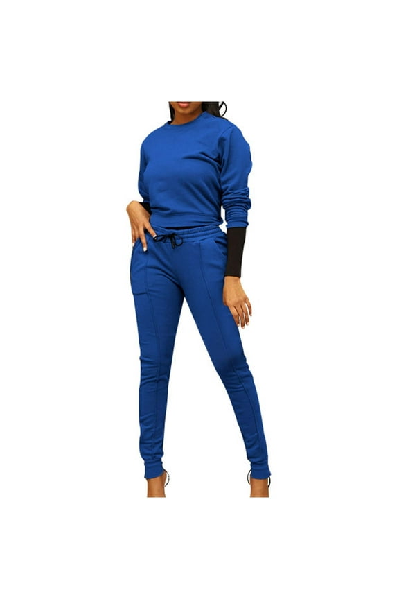 Women Tracksuits 2 Piece Set Fall Outfits Crewneck Long Sleeve Sweatshirts Elastic Waist Jogger Pants Sweatpants Set Casual Solid Color Fashion Loose Sweatsuits (Blue,XL)
