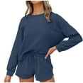 thumbnail image 1 of Scyoekwg Women Tracksuits 2 Piece Set Solid Color Fall Outfits Crewneck Long Sleeve Sweatshirts Shorts Sports Outfits Casual Fashion Loose Tracksuit Set (Navy,L), 1 of 7