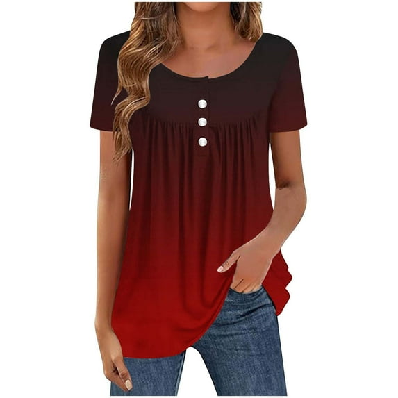 Scyoekwg Women Tunic Tops Dressy Casual Summer Short Sleeve Shirts Crew Neck Button Pleated Tunic Tops Gradient Color Comfy Casual Loose Shirts Trendy Blouses (Z01_Wine,XXL)