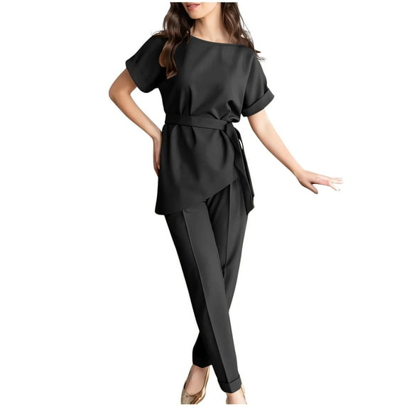 Scyoekwg Women's 2 Piece Outfits Elegant Bandage Solid Color Casual Short Sleevele Round-Neck Blouses Tops Long Pant Sets (Black,S)