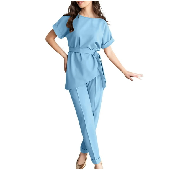 Scyoekwg Women's 2 Piece Outfits Elegant Bandage Solid Color Casual Short Sleevele Round-Neck Blouses Tops Long Pant Sets (Blue,M)