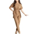 thumbnail image 1 of Scyoekwg Women's 2 Piece Outfits Elegant Bandage Solid Color Casual Short Sleevele Round-Neck Blouses Tops Long Pant Sets (Khaki,M), 1 of 7
