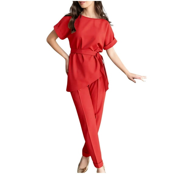 Scyoekwg Women's 2 Piece Outfits Elegant Bandage Solid Color Casual Short Sleevele Round-Neck Blouses Tops Long Pant Sets (Red,XL)