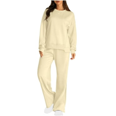 Scyoekwg Women's 2 Piece Outfits Sweatsuit Solid Color Casual Long Sleeve Sweatshirt and Elastic Waist Wide Leg Pants Athletic Matching Two Piece Sweatsuits (Beige,XL)