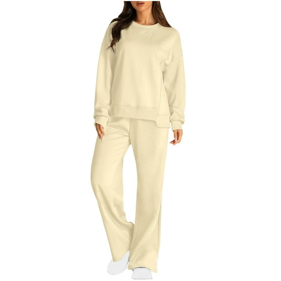 Scyoekwg Women's 2 Piece Outfits Sweatsuit Solid Color Casual Long Sleeve Sweatshirt and Elastic Waist Wide Leg Pants Athletic Matching Two Piece Sweatsuits (Beige,XXL)