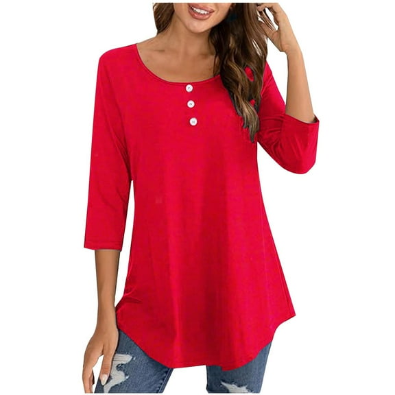 Scyoekwg Women's 3/4 Sleeve Tops Button Round Neck Pleated Tshirt Tops for Women Trendy Solid Color Lightweight Loose Tshirt Dressy Casual Blouse Blouses (Red,S)