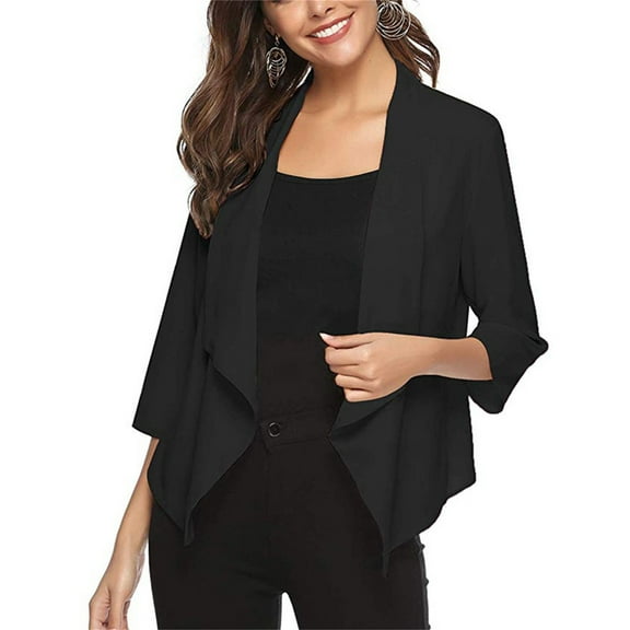 Scyoekwg Women's Cardigans Open Front Light Cardigan Thin Chiffon Blazer Lightweight 3/4 Sleeve Casual Solid Color Loose Trendy Cardigan(Black,L)