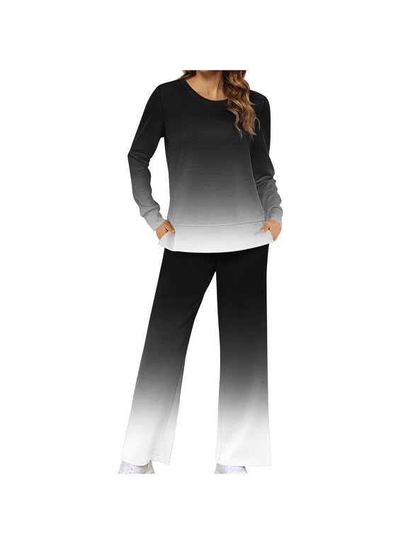 Women's Casual 2 Piece Outfits Fall Fashion Gradient Color Outfits Loose Comfy Matching Set Loungewear (Black,XL)