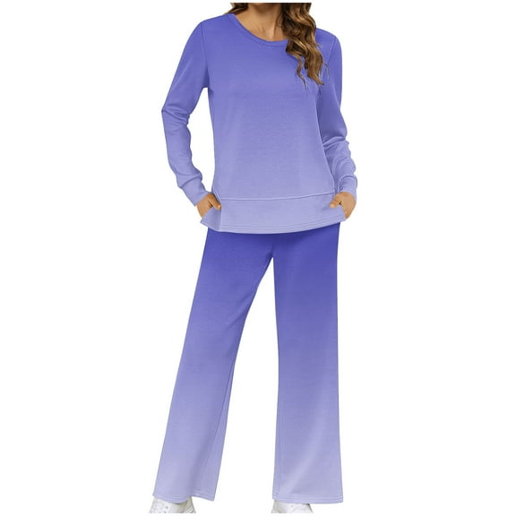 Scyoekwg Women's Casual 2 Piece Outfits Fall Fashion Gradient Color Outfits Loose Comfy Matching Set Loungewear (Purple,L)