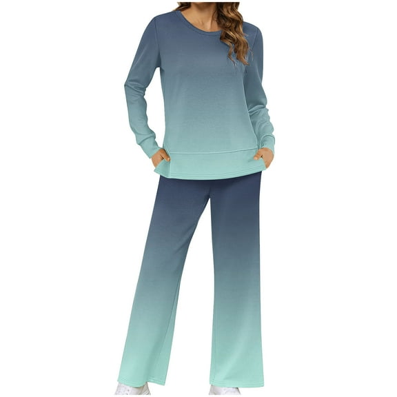 Scyoekwg Women's Casual 2 Piece Outfits Fall Fashion Gradient Color Outfits Loose Comfy Matching Set Loungewear (Sky Blue,S)