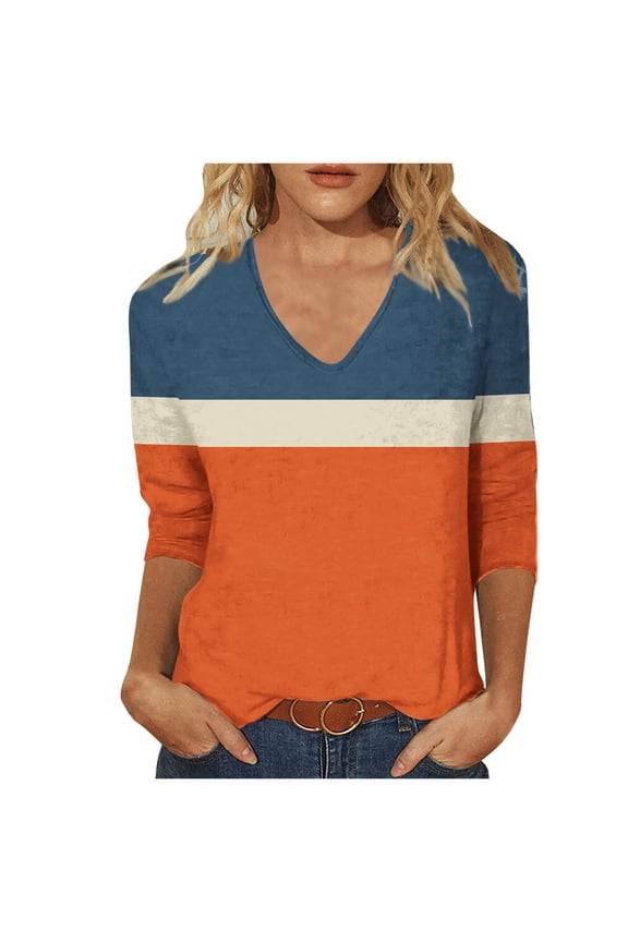 Women's Casual 3/4 Sleeve T-Shirts V-Neck Business Casual Blouses Loose Shirts Trendy Summer Color Block Patchwork Comfy Tshirt Blouses (Orange,XXL)
