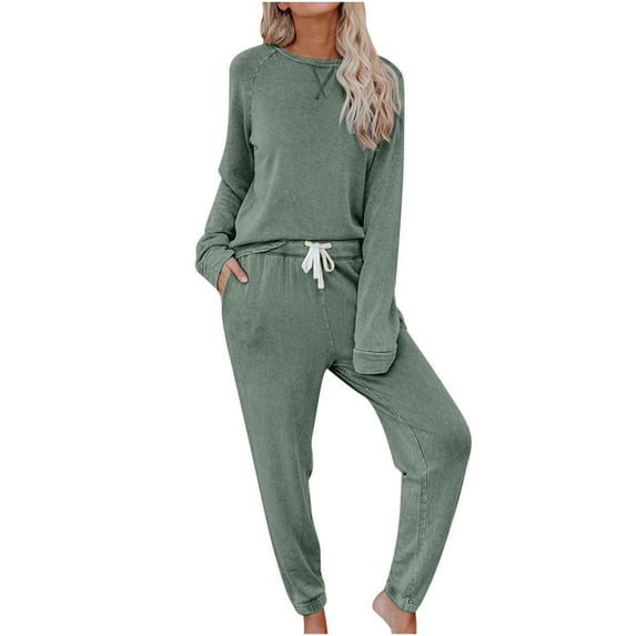 Scyoekwg Women's Casual Workout Two Piece Outfits Crewneck Long Sleeve Tops Drawstring Jogger Pants Sweatpants Set Casual Solid Color Fall Outfits Loose Fashion Sweatsuits (Green,M)