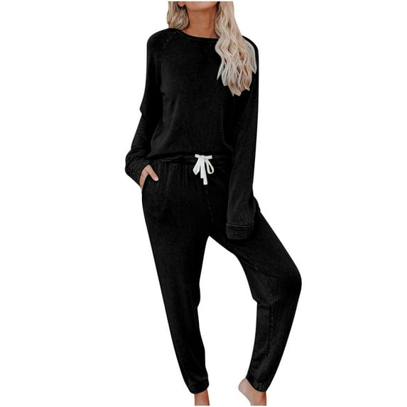 Scyoekwg Women's Casual Workout Two Piece Outfits Crewneck Long Sleeve Tops Drawstring Jogger Pants Sweatpants Set Solid Color Fall Outfits Loose Fashion Sweatsuits (Black,XXL)