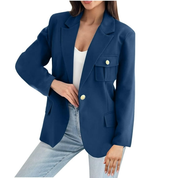 Scyoekwg Women's Coats Double Breasted Turndown Collar Blazer Jacket Fashion Loose Casual Long Sleeve Solid Color Coats (Blue,L)