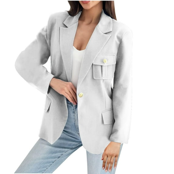 Scyoekwg Women's Coats Double Breasted Turndown Collar Blazer Jacket Fashion Loose Casual Long Sleeve Solid Color Coats (White,M)