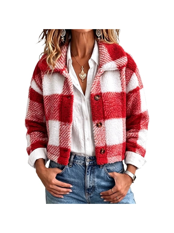 Women's Cropped Plaid Sherpa Jacket Lapel Collar Button Front Fleece Coat Long Sleeve Warm Fall Casual Outerwear,Size:S-XXL