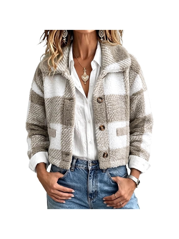 Women's Cropped Plaid Sherpa Jacket Lapel Collar Button Front Fleece Coat Long Sleeve Warm Fall Casual Outerwear,Size:S-XXL