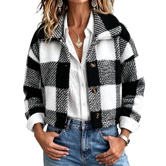 Scyoekwg Women's Cropped Plaid Sherpa Jacket Lapel Collar Button Front Fleece Coat Long Sleeve Warm Fall Casual Outerwear,Size:S-XXL