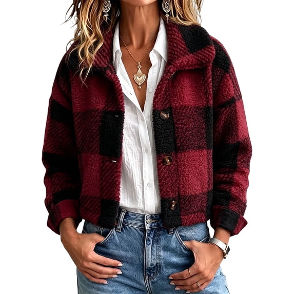 Scyoekwg Women's Cropped Plaid Sherpa Jacket Lapel Collar Button Front Fleece Coat Long Sleeve Warm Fall Casual Outerwear,Size:S-XXL