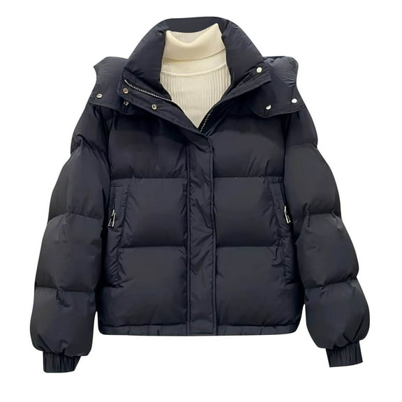 Scyoekwg Women's Cropped Puffer Jacket Coats Long Sleeve Winter Zip Up Hooded Short Warm Padded Jacket Outerwear (Black,XL)