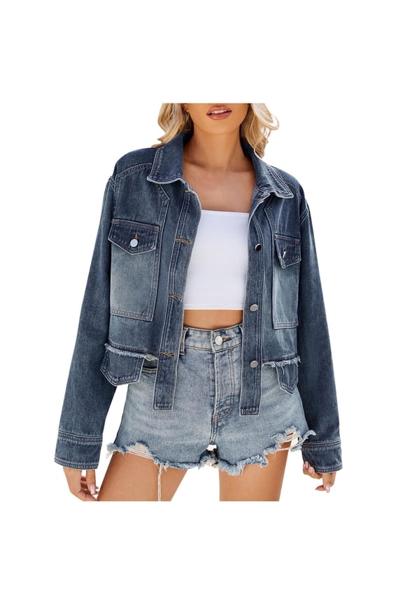 Women's Denim Jacket Fashion Street Style Button Crop Cardigan Fall Long Sleeve Outerwear Short Denim Coats (Blue,L)