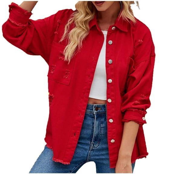 Scyoekwg Women's Denim Jean Jackets Lapel Button Denim Coats Long Sleeve Casual Lightweight Solid Color Trendy Fall Coats Loose Outerwear(Red,XL)