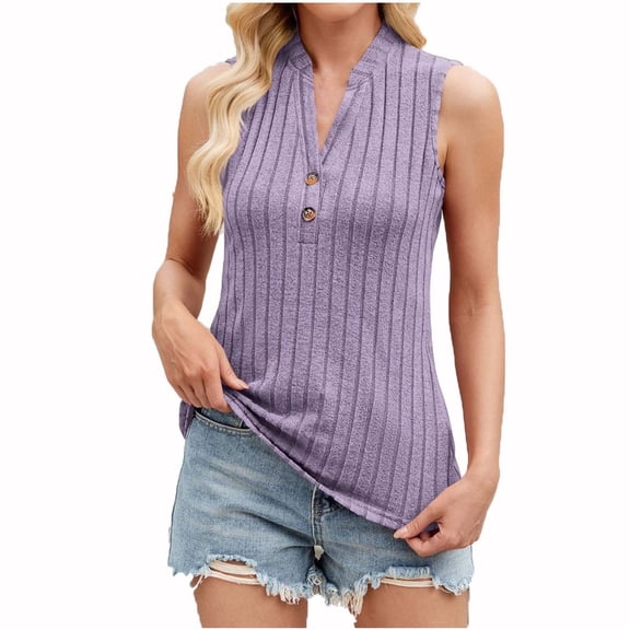 Scyoekwg Women's Dressy Casual Blouses Sleeveless V Neck Button Tank Tops Solid Color Trendy Summer Ladies Business Work Shirts (Purple,L)