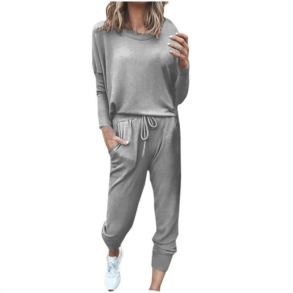 Scyoekwg Women's Fall Two Piece Outfits Long Sleeve Sweatshirt Drawstring Sweatpant Casual Matching Outfits Fashion Tracksuit (Gray,S)