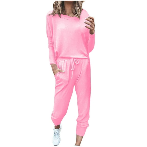 Scyoekwg Women's Fall Two Piece Outfits Long Sleeve Sweatshirt Drawstring Sweatpant Casual Matching Outfits Fashion Tracksuit (Pink,S)