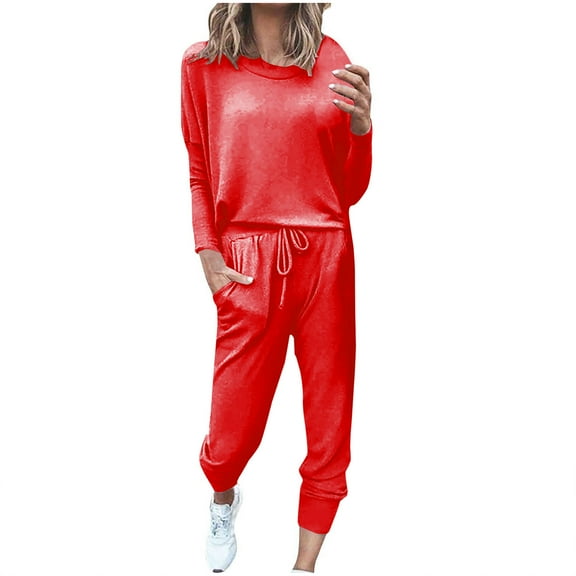 Scyoekwg Women's Fall Two Piece Outfits Long Sleeve Sweatshirt Drawstring Sweatpant Casual Matching Outfits Fashion Tracksuit (Red,S)