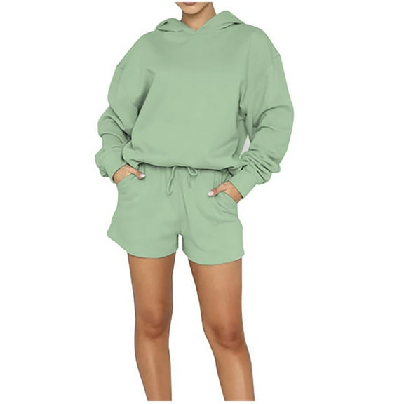 Scyoekwg Women's Fall Two Piece Outfits Long Sleeve Sweatshirt Shorts Matching Outfits Two Piece Set Fashion Casual Sweatsuits (Green,L)