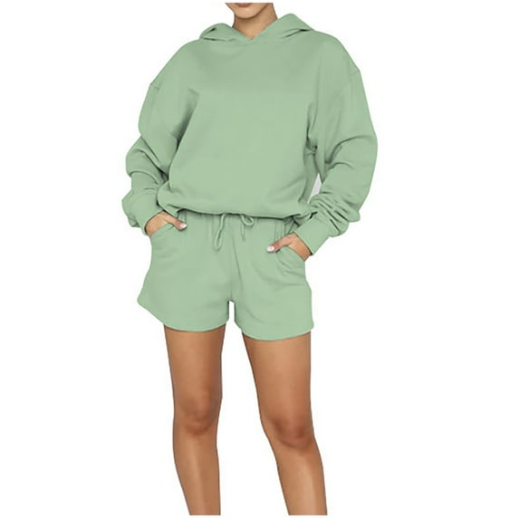 Scyoekwg Women's Fall Two Piece Outfits Long Sleeve Sweatshirt Shorts Matching Outfits Two Piece Set Fashion Casual Sweatsuits (Green,XL)