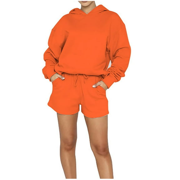 Scyoekwg Women's Fall Two Piece Outfits Long Sleeve Sweatshirt Shorts Matching Outfits Two Piece Set Fashion Casual Sweatsuits (Orange,L)