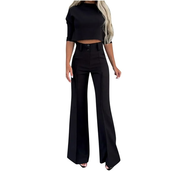 Scyoekwg Women's Fall Two Piece Outfits Round Neck Long Sleeve Tops Wide Leg Pants Casual Fashion Matching Outfits Two Piece Set Lounge Set (Black,M)