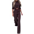 thumbnail image 1 of Scyoekwg Women's Fall Two Piece Outfits Round Neck Long Sleeve Tops Wide Leg Pants Casual Fashion Matching Outfits Two Piece Set Lounge Set (Coffee,L), 1 of 6