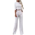thumbnail image 1 of Scyoekwg Women's Fall Two Piece Outfits Round Neck Long Sleeve Tops Wide Leg Pants Casual Fashion Matching Outfits Two Piece Set Lounge Set (White,S), 1 of 6